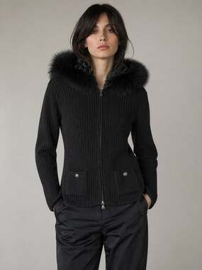 Prada Black Wool Ribbed Zip Jacket w/ Blue Fox Fur Hood IT 38